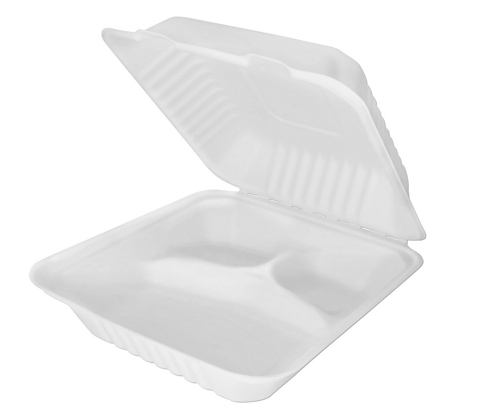 Take Away Boxen, Bagasse, Menübox 3-geteilt, 22,3 x 20,1 x 7,5 cm, 50 Stück