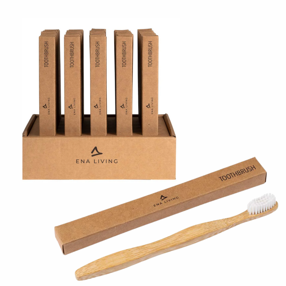 ENA Living Zahnbürste aus Bambus und Nylon, einzeln verpackt im Display 30 Stück
