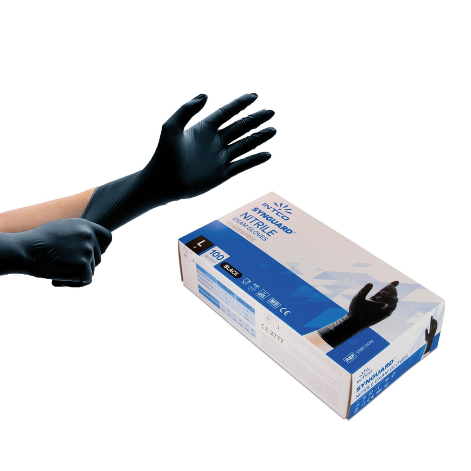 Pack of 100 | Nitrile disposable gloves | Black, various sizes | INTCO