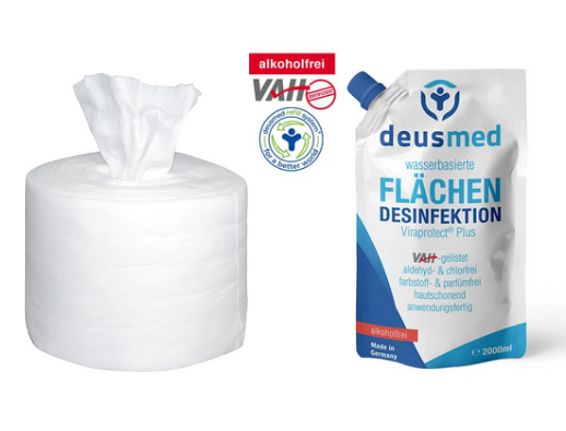 Deusmed Flächenwipes - Desinfektionstücher - Alkoholfrei - Refill Tücher + 2L Desinfektion