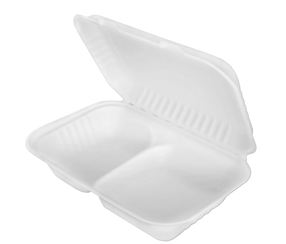 Take Away Boxen, Bagasse, Menübox 2-geteilt, 25 x 16,2 x 6,3 cm, 50 Stück
