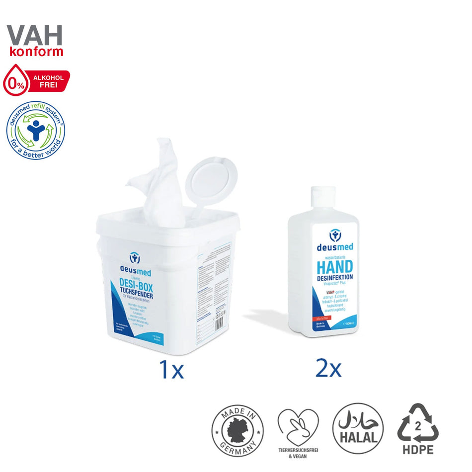 Deusmed alkoholfreie Hand- und Flächendesinfektionsmittel im Test Kit